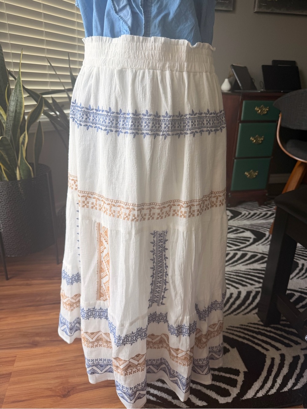 White Embroidered Tiered Maxi Skirt with Blue and Tan Details